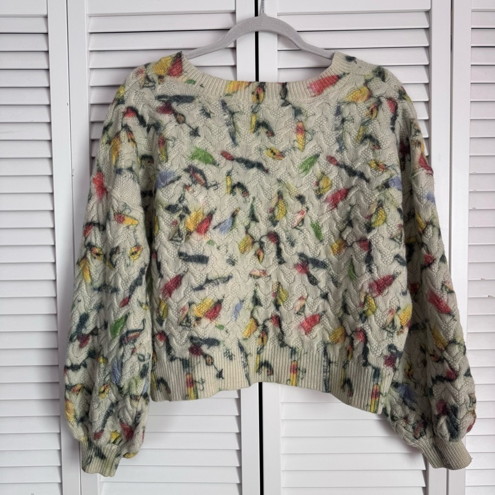 Anthropologie Catch of the Day Lambswool Cable Knit Sweater V-neck Birds Medium - Picture 7 of 10